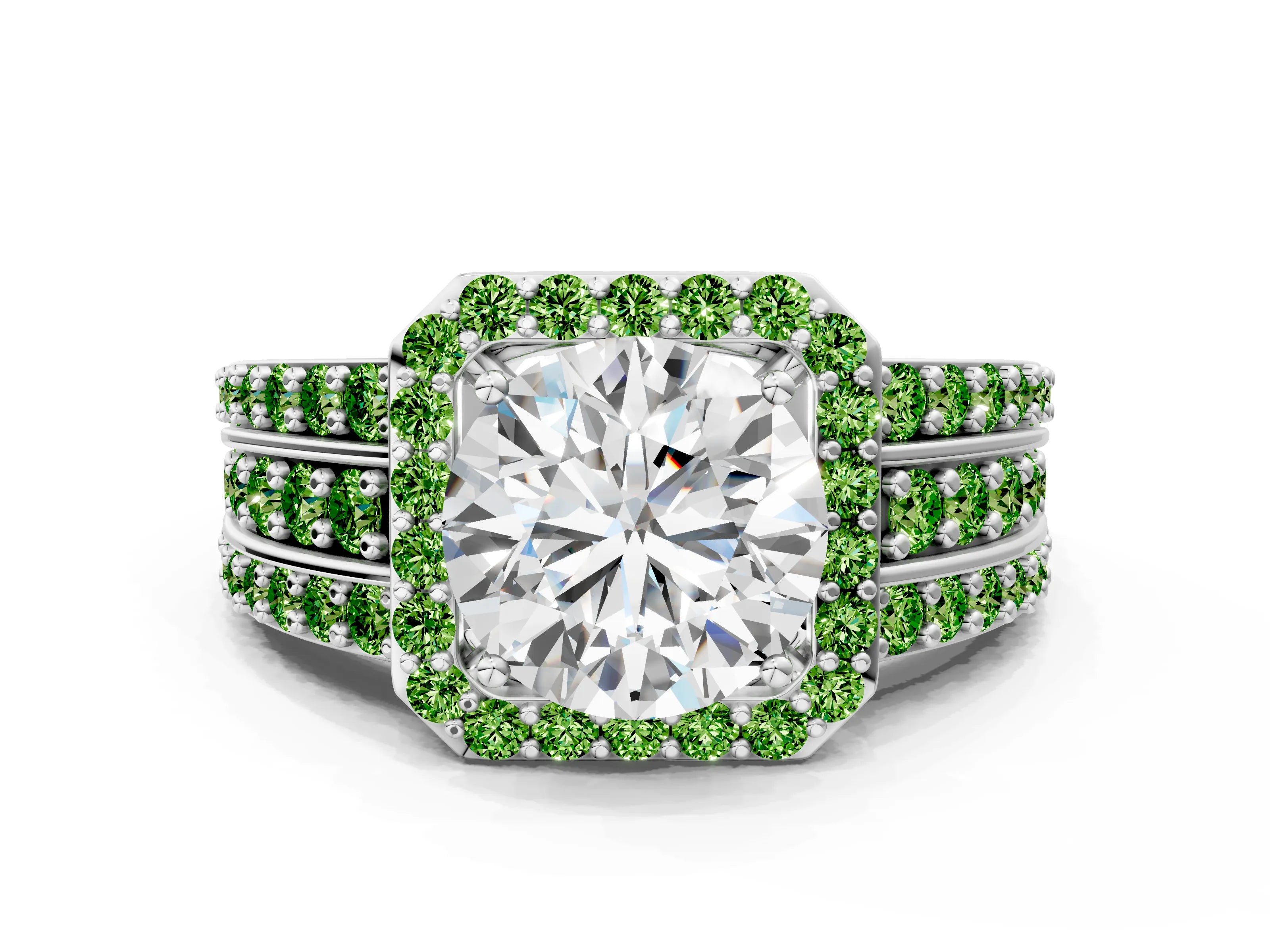 White gold Round Cut Halo Diamond Ring with Round with Peridot side stone Split Shank and Prong Setting_102
