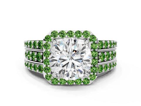 White gold Round Cut Halo Diamond Ring with Round with Peridot side stone Split Shank and Prong Setting_102