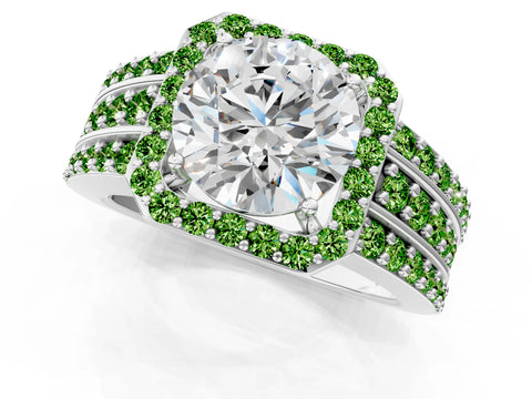 White gold Round Cut Halo Diamond Ring with Round with Peridot side stone Split Shank and Prong Setting_103