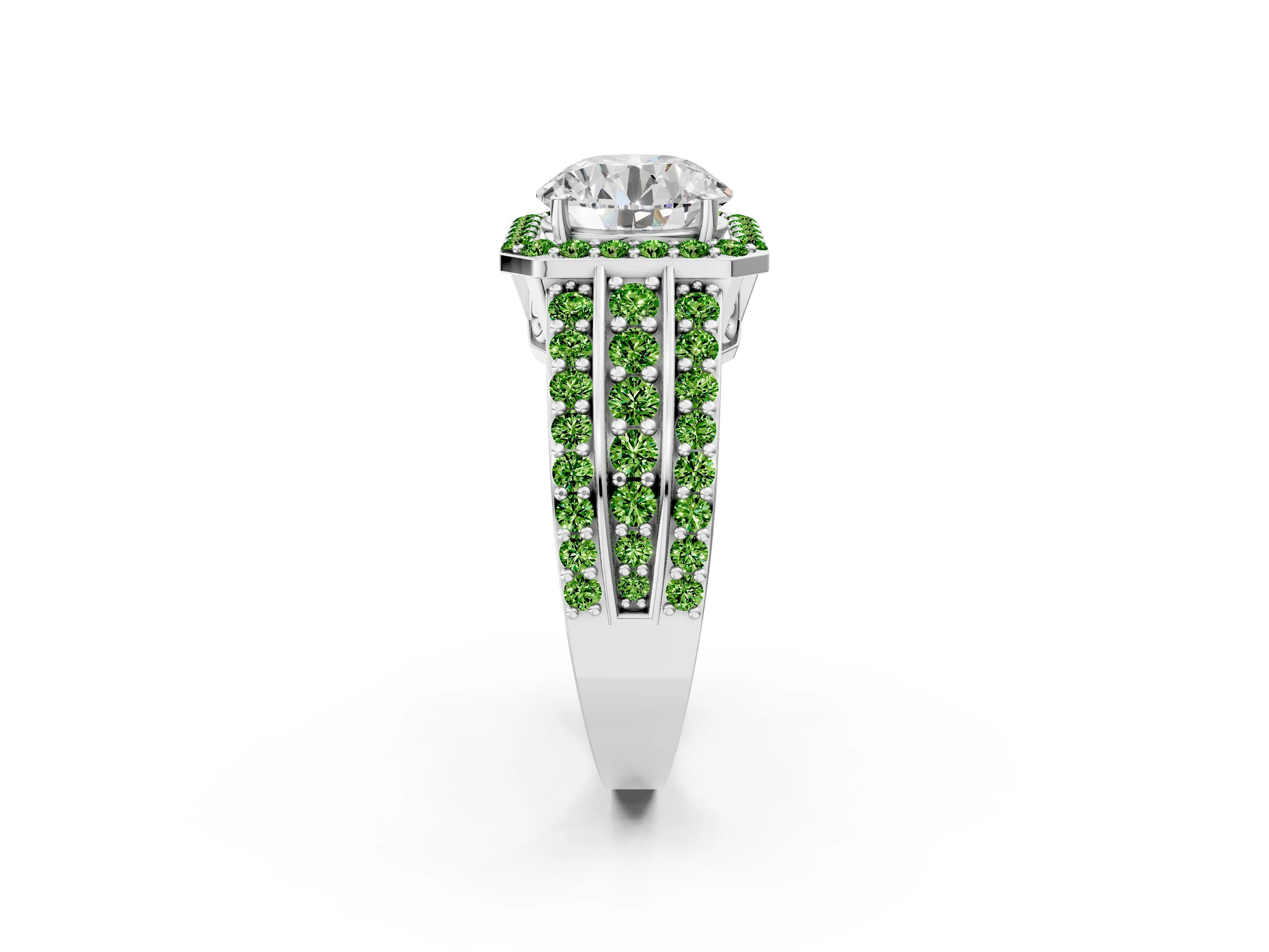 White gold Round Cut Halo Diamond Ring with Round with Peridot side stone Split Shank and Prong Setting_104