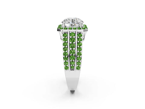 White gold Round Cut Halo Diamond Ring with Round with Peridot side stone Split Shank and Prong Setting_104