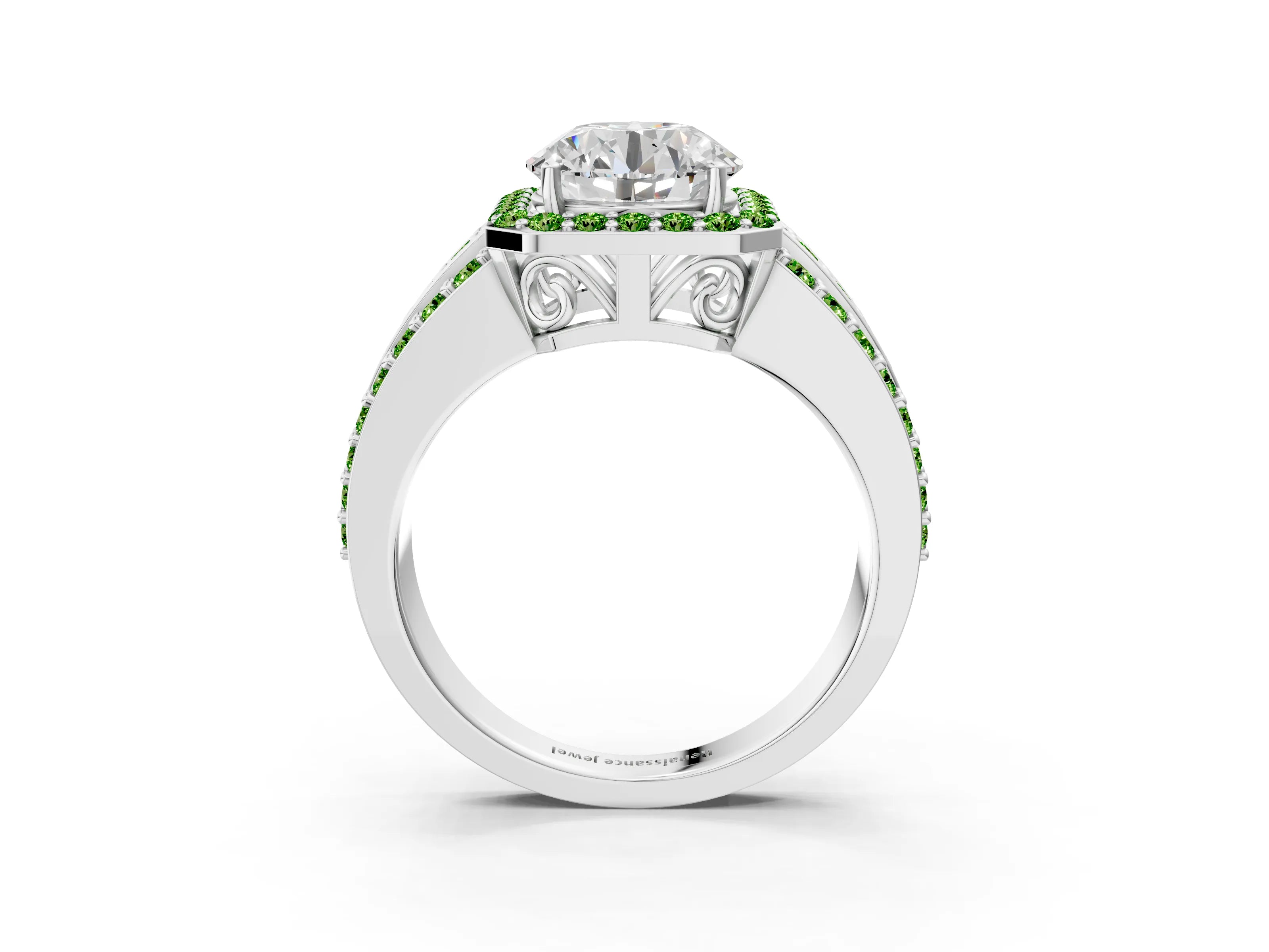 White gold Round Cut Halo Diamond Ring with Round with Peridot side stone Split Shank and Prong Setting_105