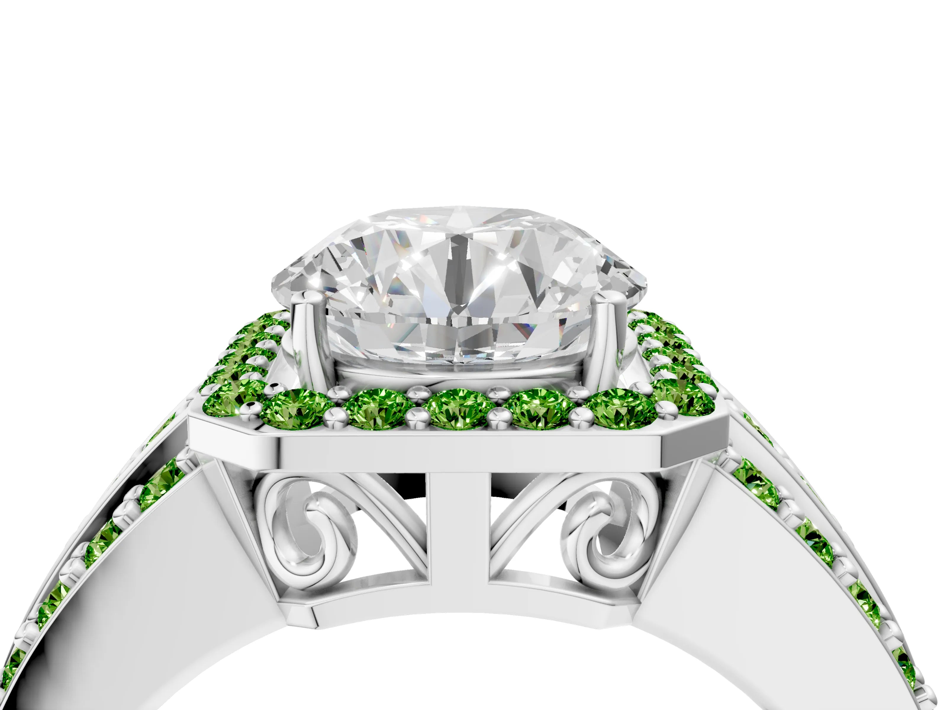 White gold Round Cut Halo Diamond Ring with Round with Peridot side stone Split Shank and Prong Setting_106
