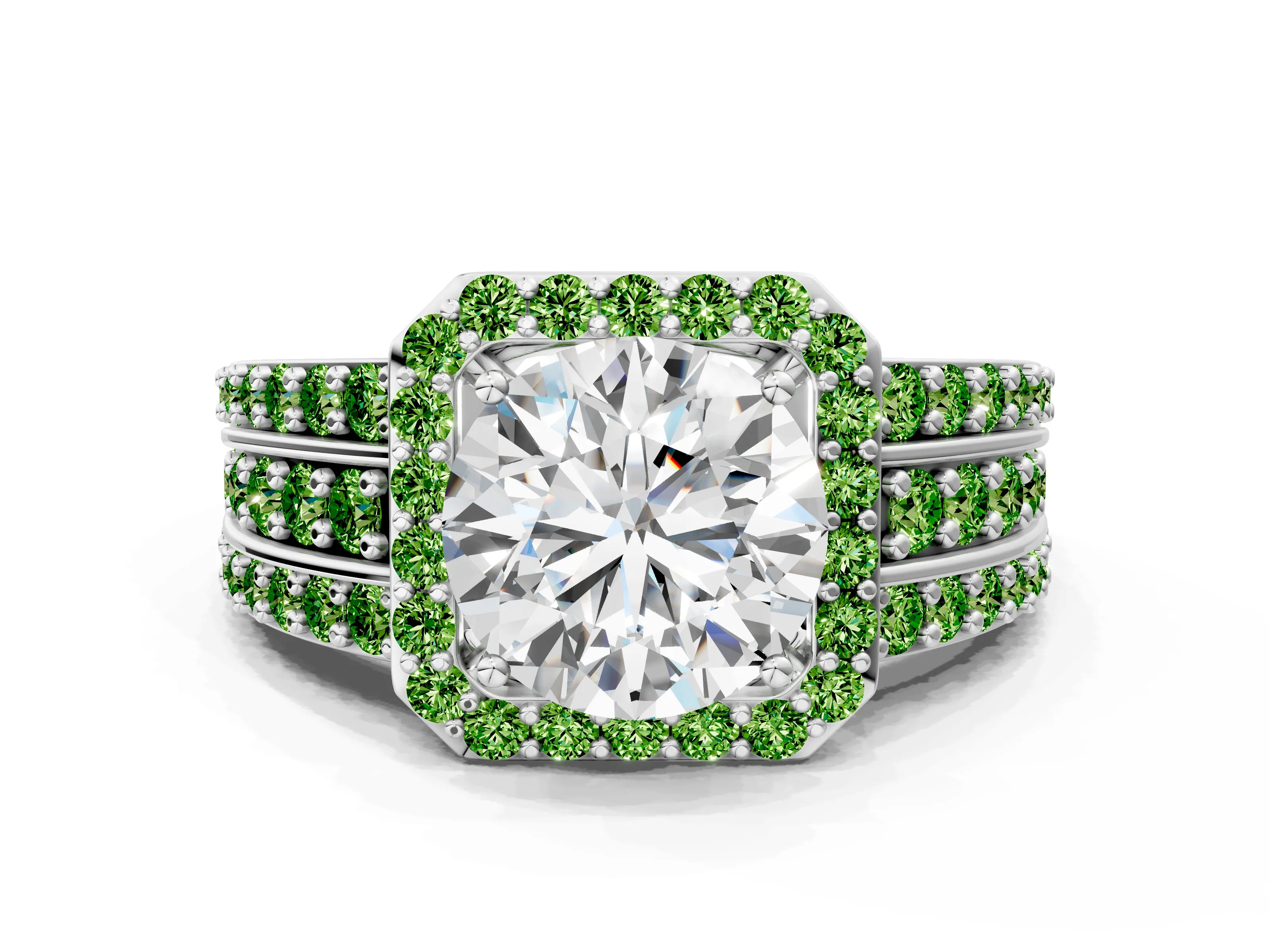 White gold Round Cut Halo Diamond Ring with Round with Peridot side stone Split Shank and Prong Setting_138