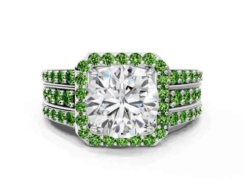 White gold Round Cut Halo Diamond Ring with Round with Peridot side stone Split Shank and Prong Setting_138