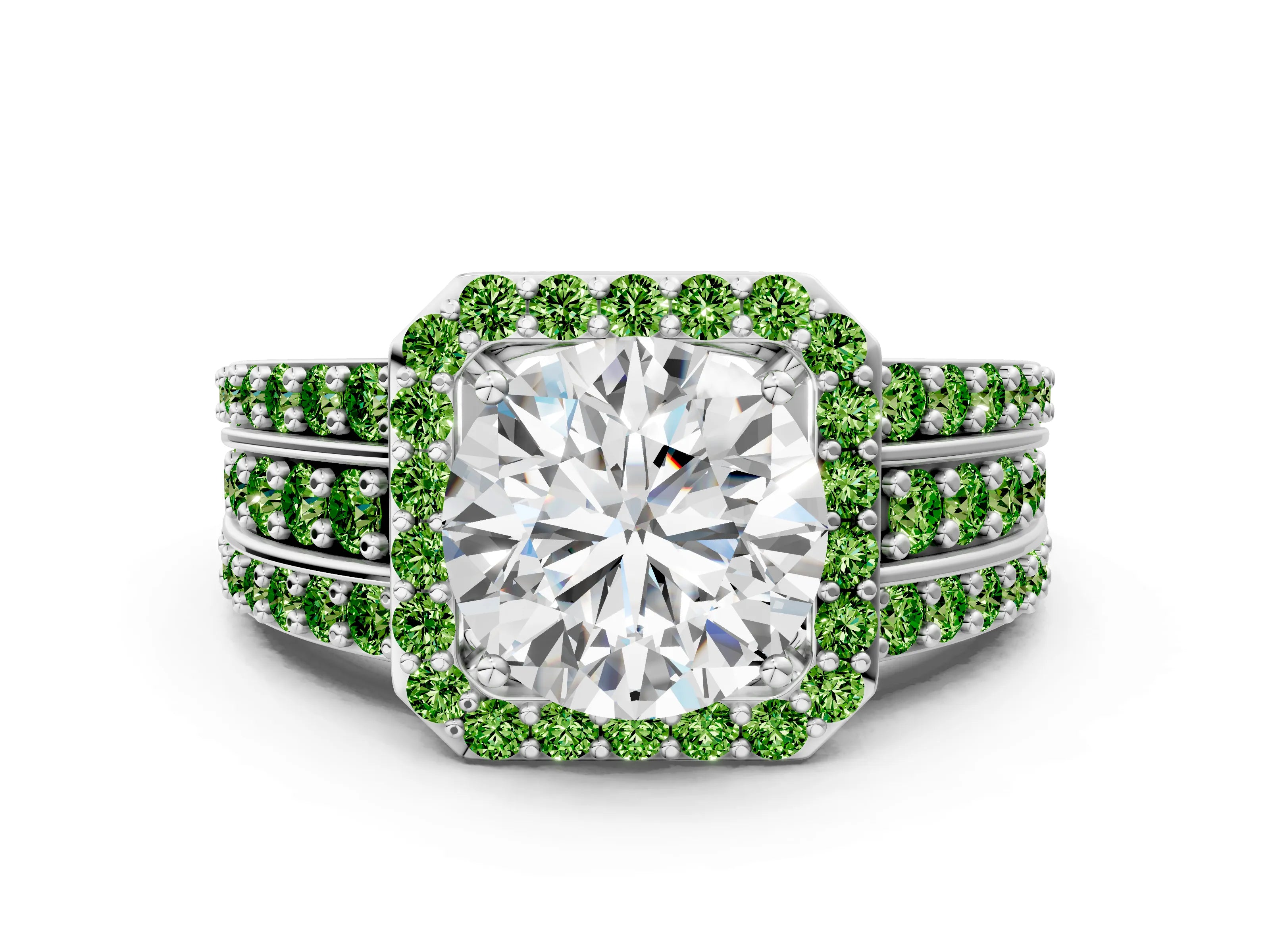 White gold Round Cut Halo Diamond Ring with Round with Peridot side stone Split Shank and Prong Setting_24