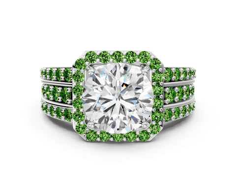 White gold Round Cut Halo Diamond Ring with Round with Peridot side stone Split Shank and Prong Setting_24