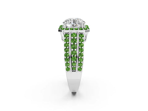 White gold Round Cut Halo Diamond Ring with Round with Peridot side stone Split Shank and Prong Setting_26