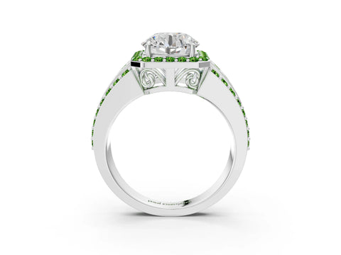 White gold Round Cut Halo Diamond Ring with Round with Peridot side stone Split Shank and Prong Setting_27