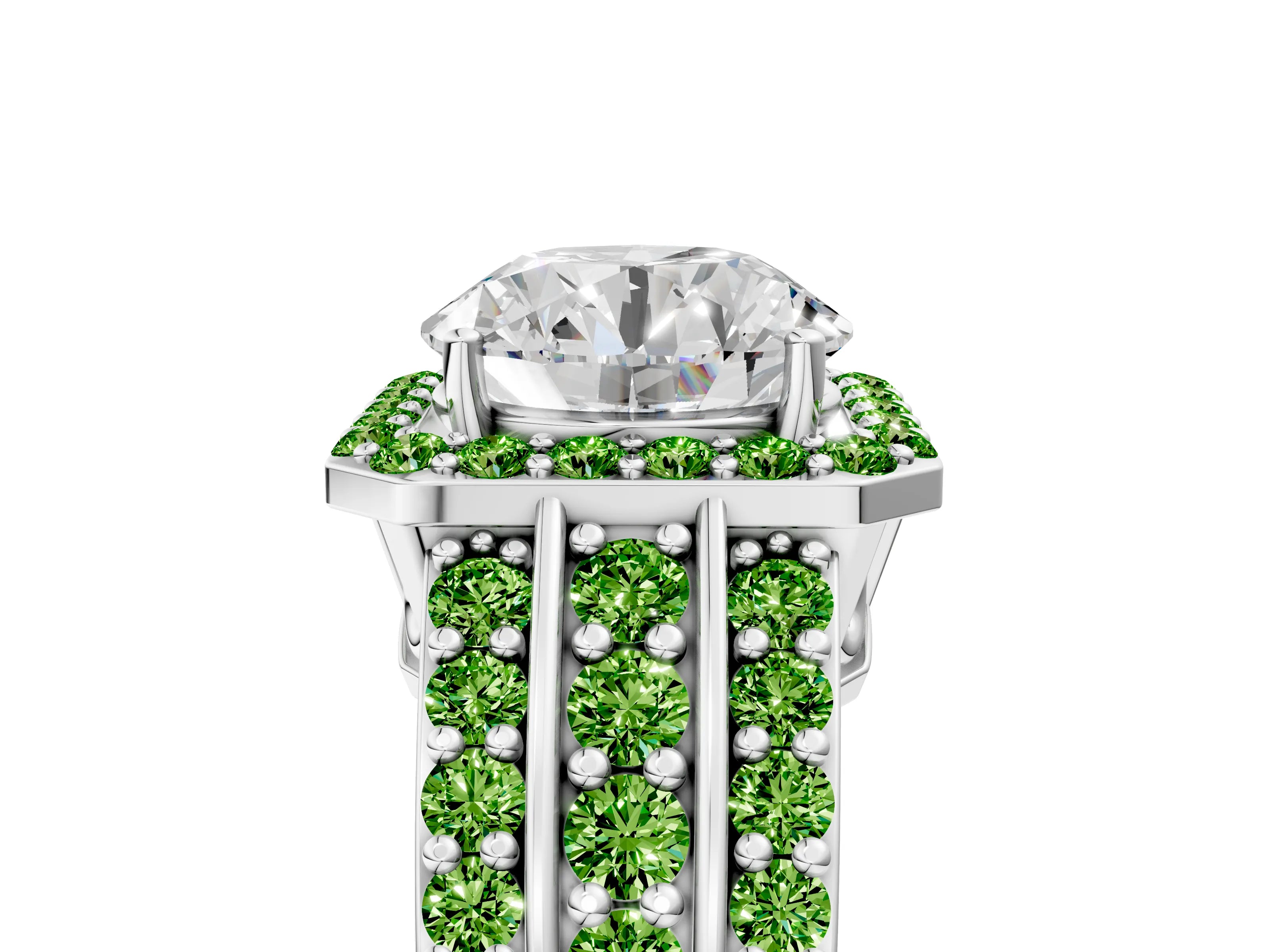 White gold Round Cut Halo Diamond Ring with Round with Peridot side stone Split Shank and Prong Setting_29