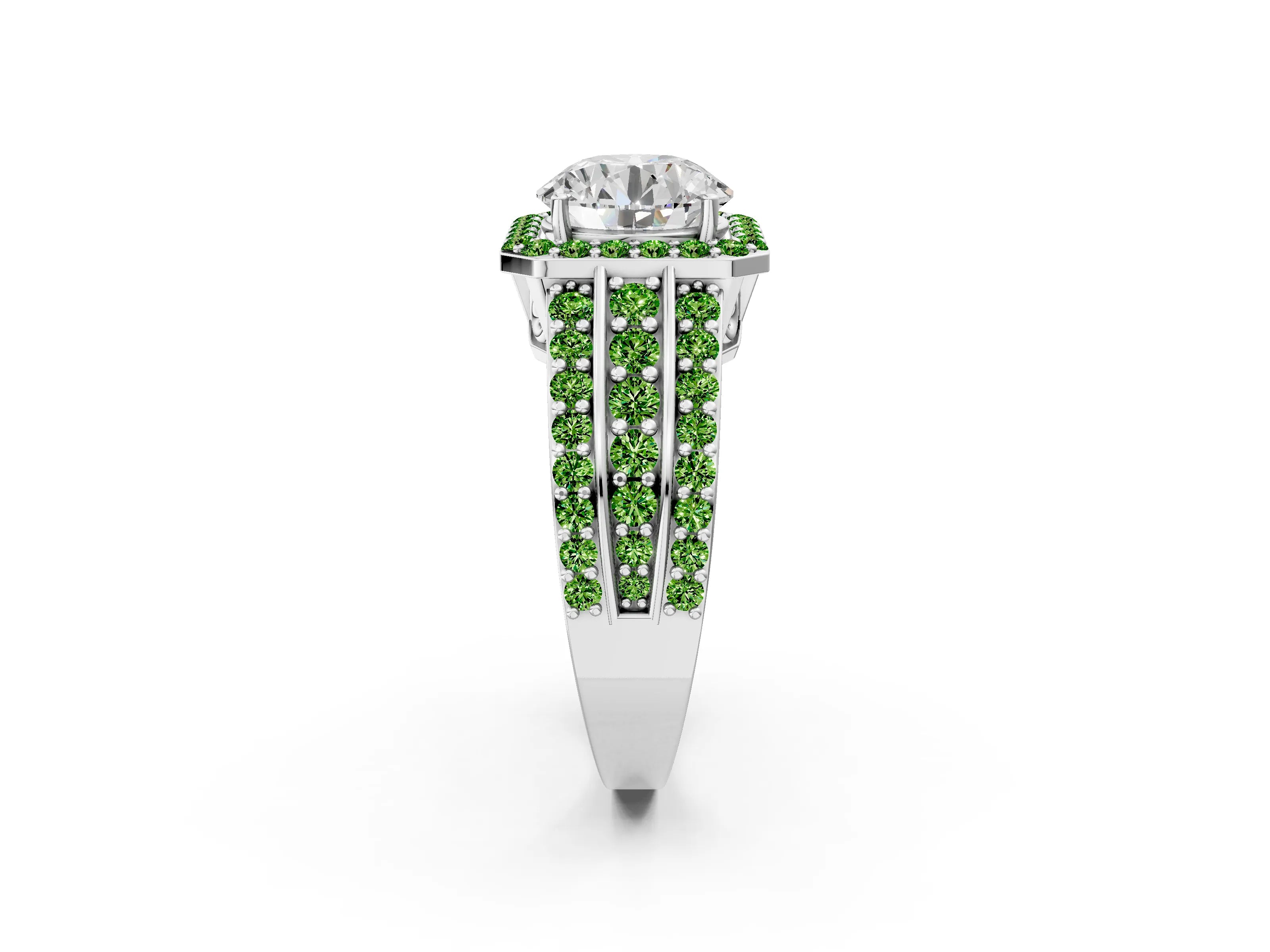 White gold Round Cut Halo Diamond Ring with Round with Peridot side stone Split Shank and Prong Setting_44