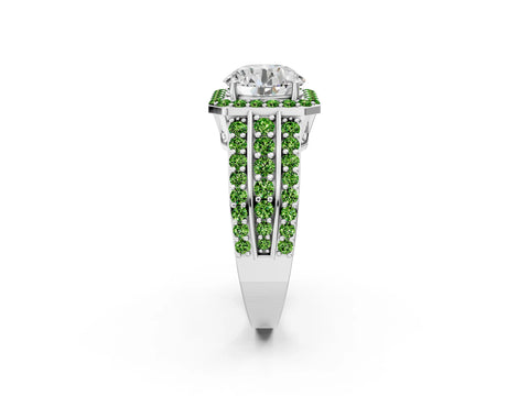 White gold Round Cut Halo Diamond Ring with Round with Peridot side stone Split Shank and Prong Setting_44