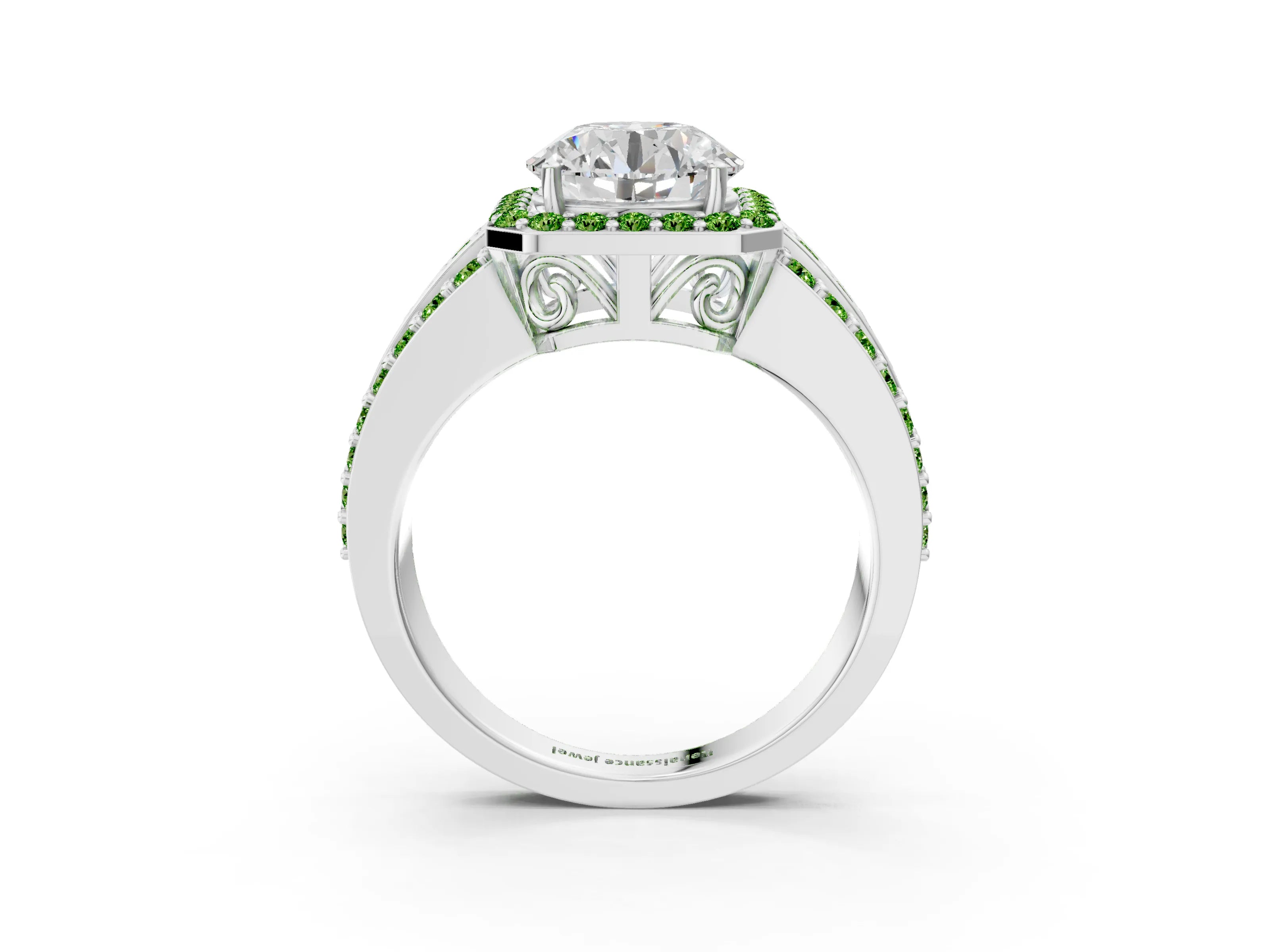 White gold Round Cut Halo Diamond Ring with Round with Peridot side stone Split Shank and Prong Setting_45