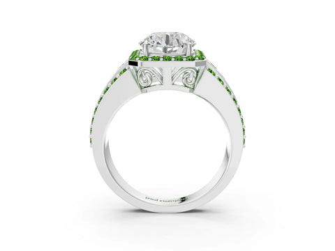 White gold Round Cut Halo Diamond Ring with Round with Peridot side stone Split Shank and Prong Setting_45