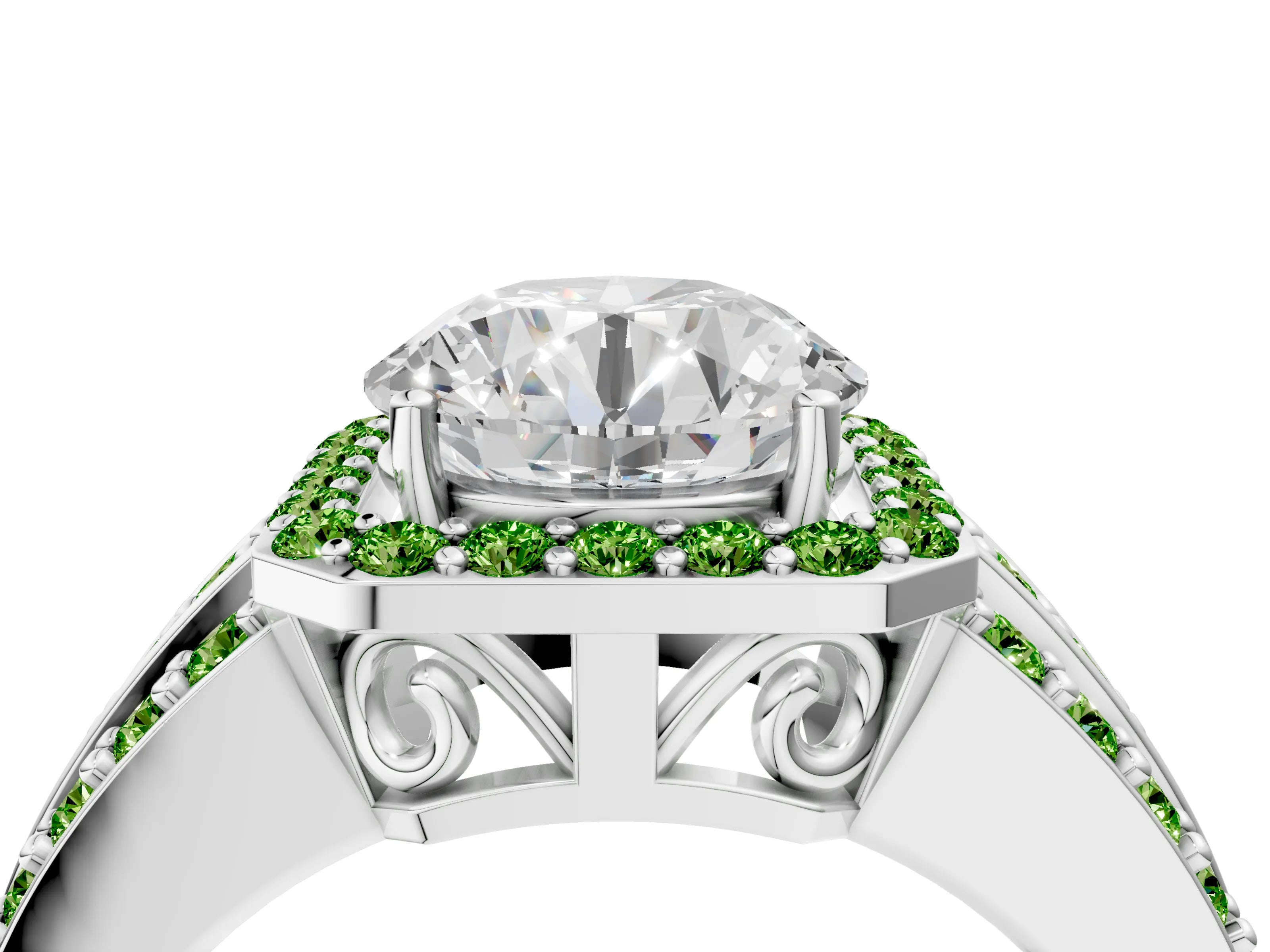White gold Round Cut Halo Diamond Ring with Round with Peridot side stone Split Shank and Prong Setting_46