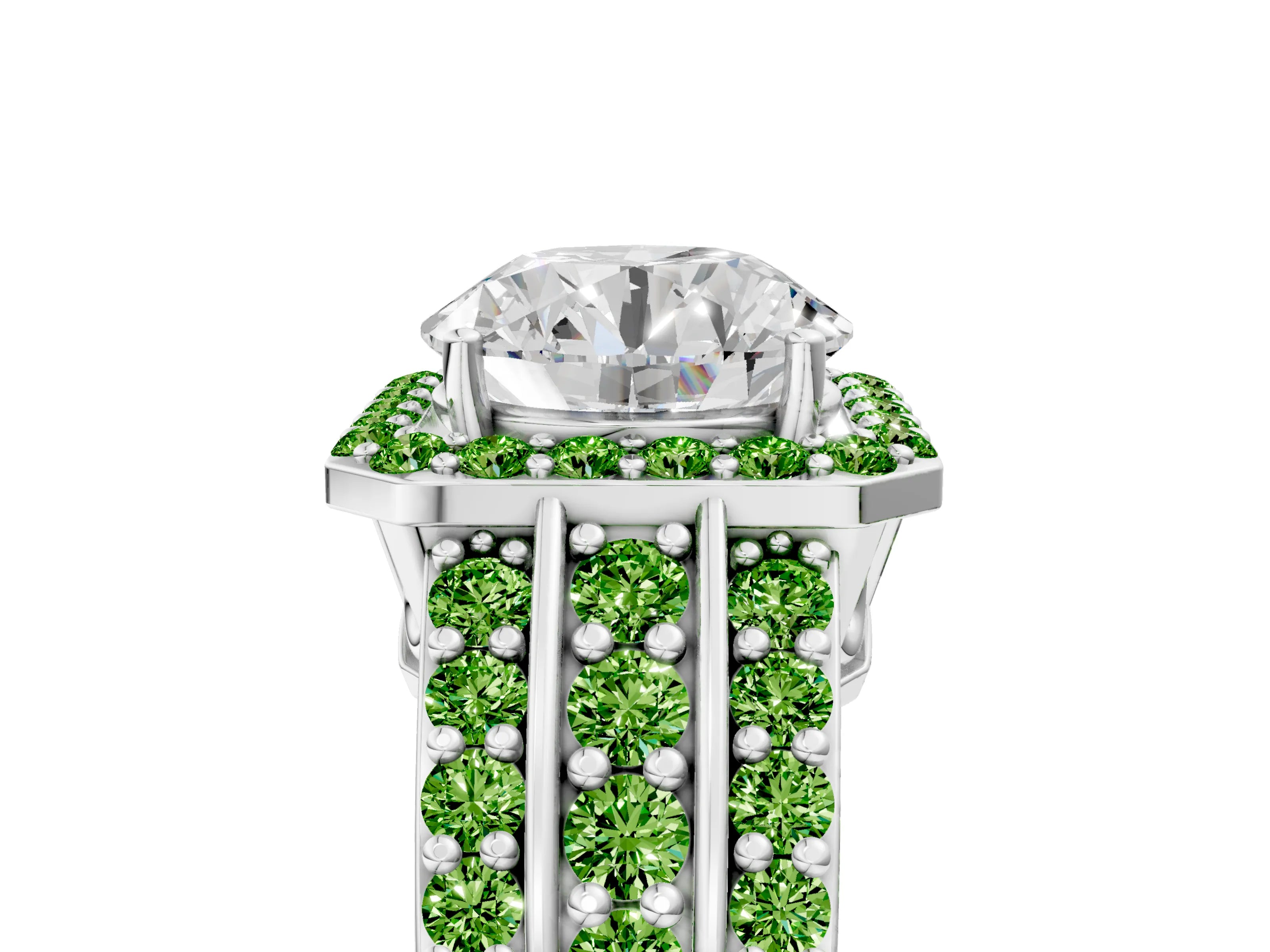 White gold Round Cut Halo Diamond Ring with Round with Peridot side stone Split Shank and Prong Setting_47