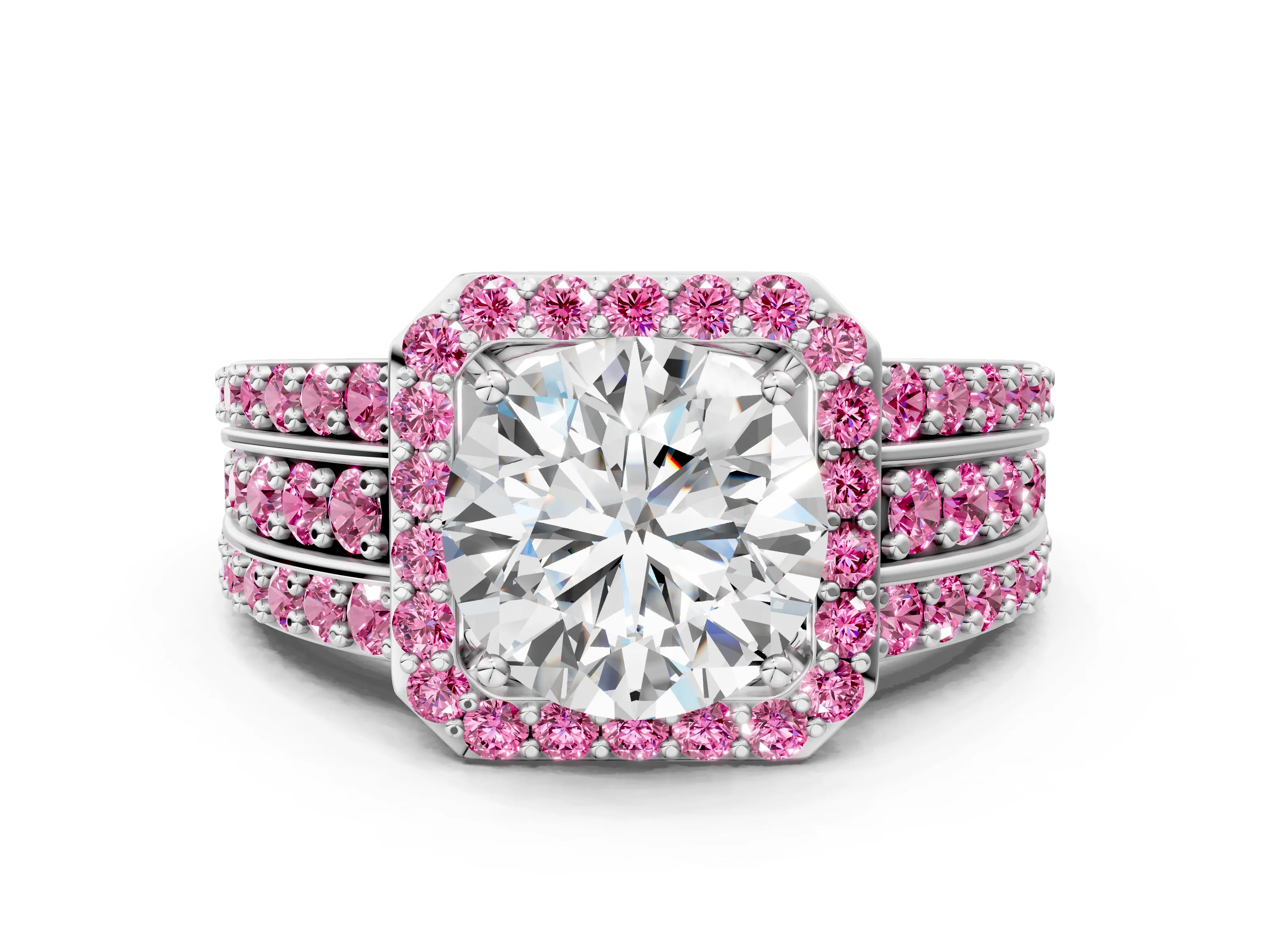 White gold Round Cut Halo Diamond Ring with Round with Pink Sapphire side stone Split Shank and Prong Setting_114