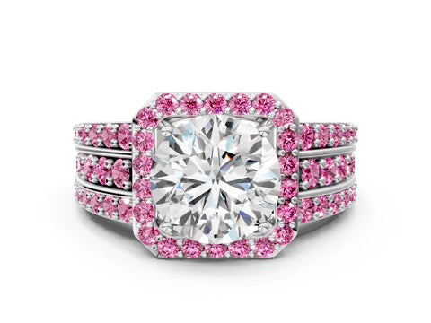 White gold Round Cut Halo Diamond Ring with Round with Pink Sapphire side stone Split Shank and Prong Setting_114