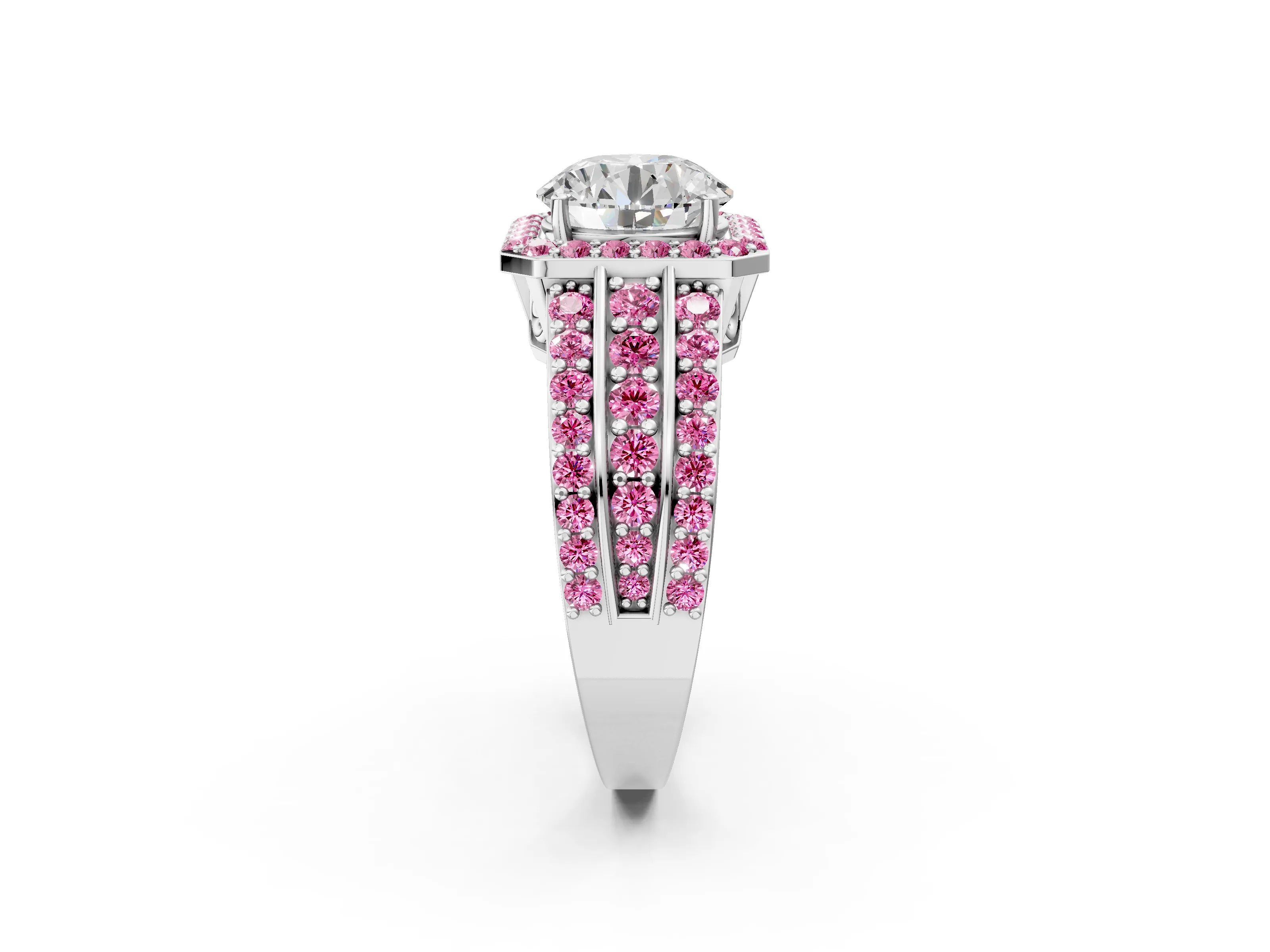White gold Round Cut Halo Diamond Ring with Round with Pink Sapphire side stone Split Shank and Prong Setting_116