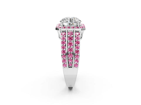 White gold Round Cut Halo Diamond Ring with Round with Pink Sapphire side stone Split Shank and Prong Setting_116