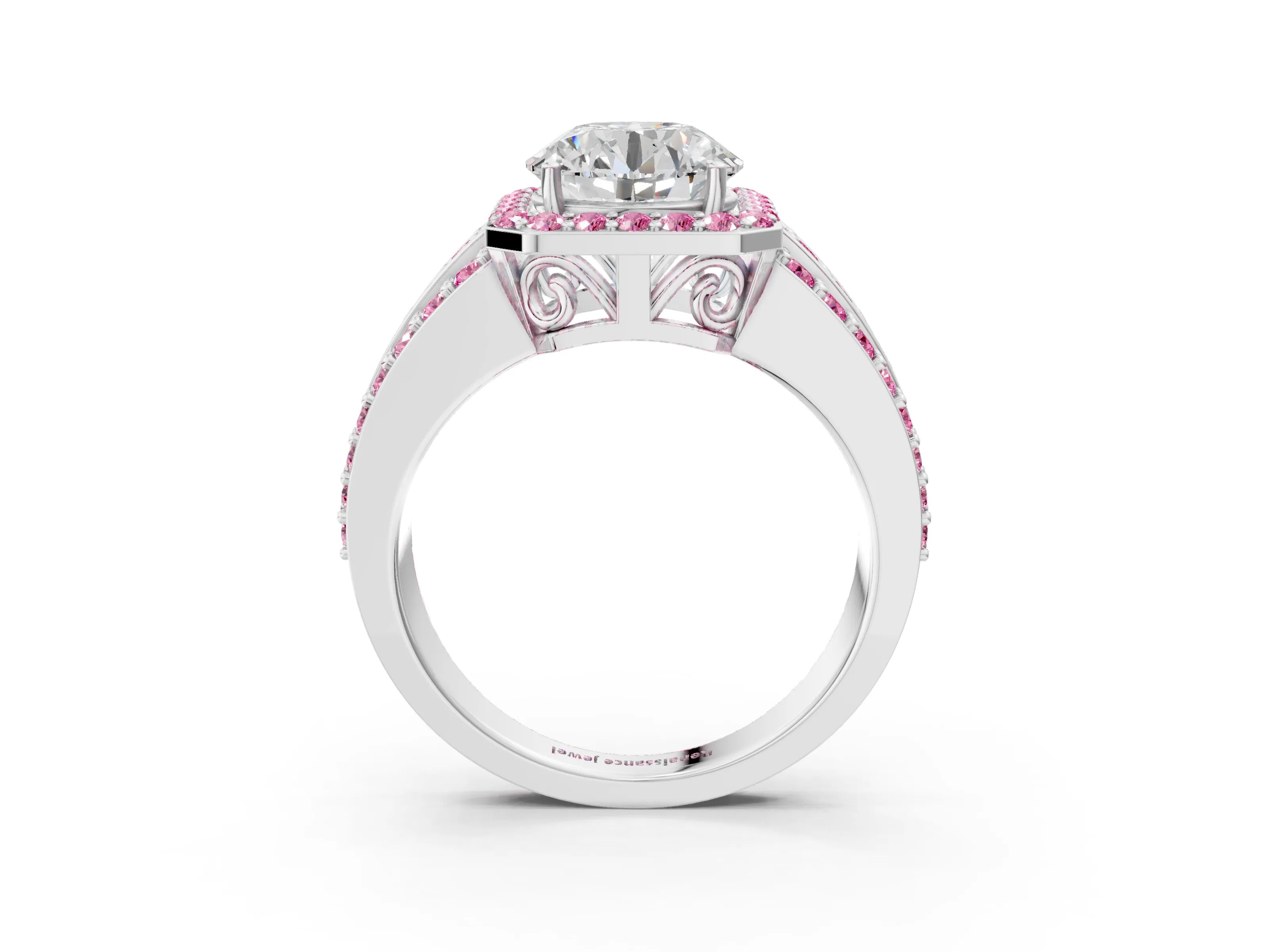 White gold Round Cut Halo Diamond Ring with Round with Pink Sapphire side stone Split Shank and Prong Setting_117