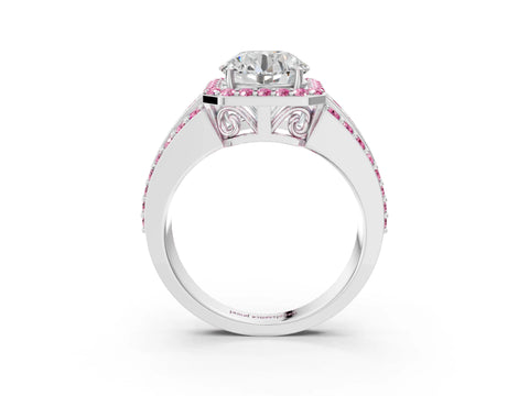 White gold Round Cut Halo Diamond Ring with Round with Pink Sapphire side stone Split Shank and Prong Setting_117