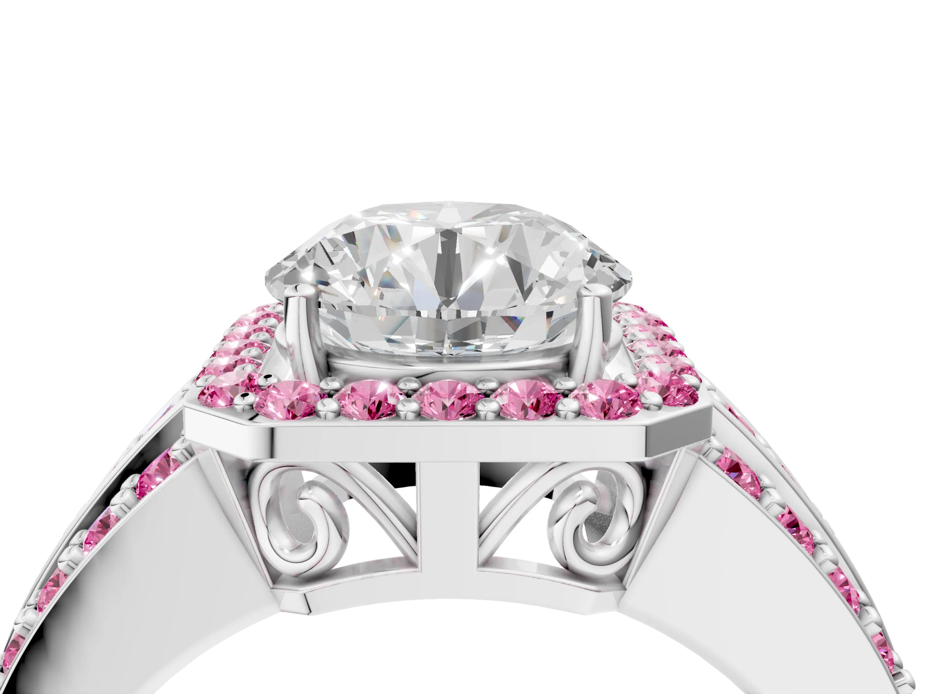 White gold Round Cut Halo Diamond Ring with Round with Pink Sapphire side stone Split Shank and Prong Setting_118