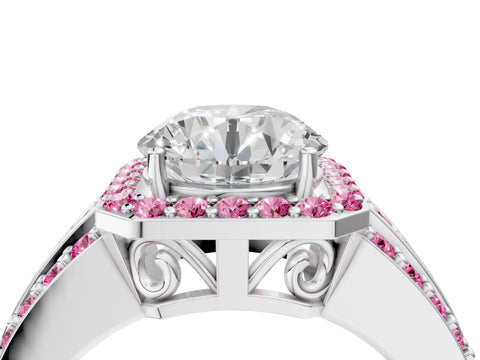 White gold Round Cut Halo Diamond Ring with Round with Pink Sapphire side stone Split Shank and Prong Setting_118