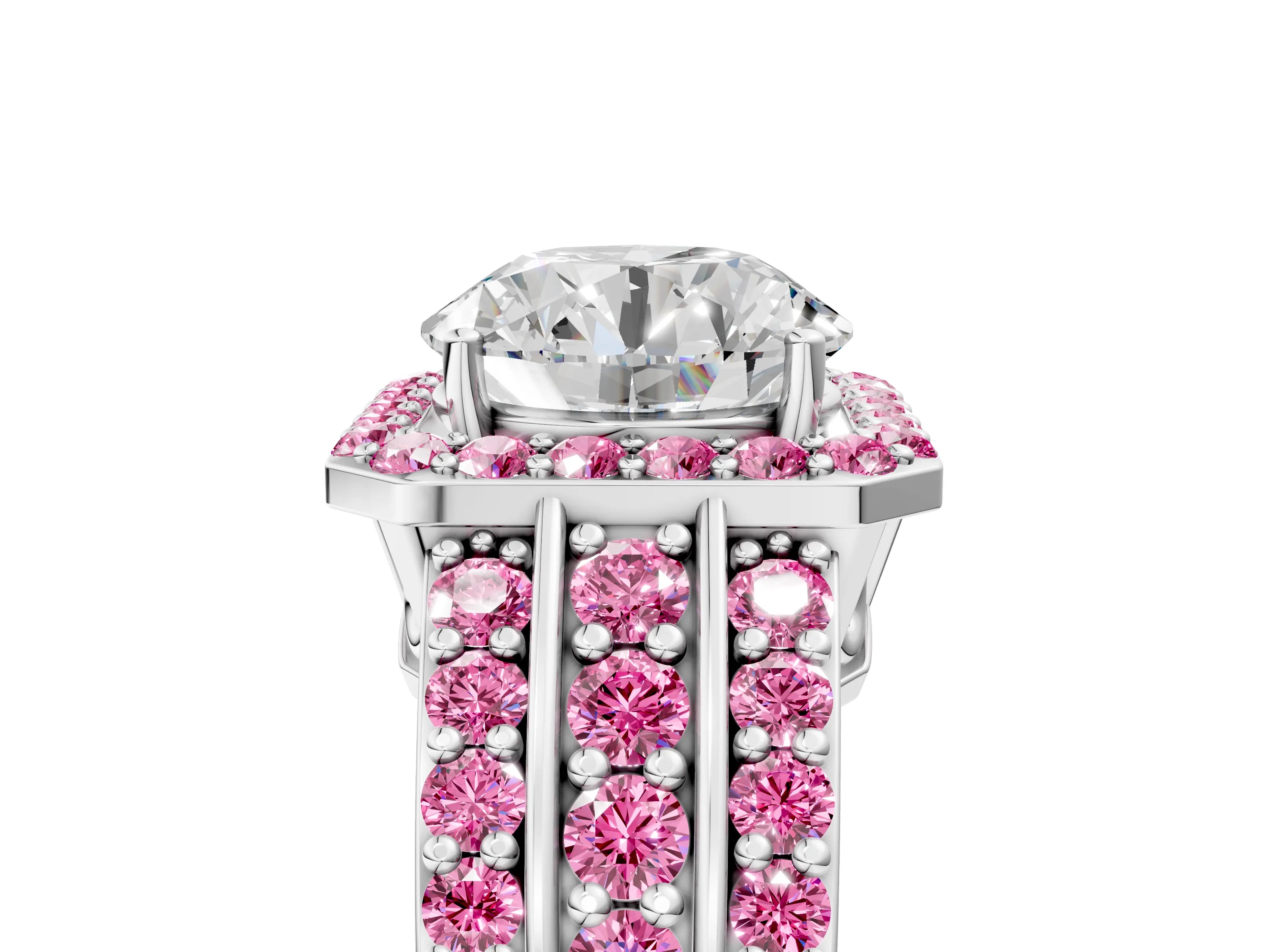 White gold Round Cut Halo Diamond Ring with Round with Pink Sapphire side stone Split Shank and Prong Setting_119