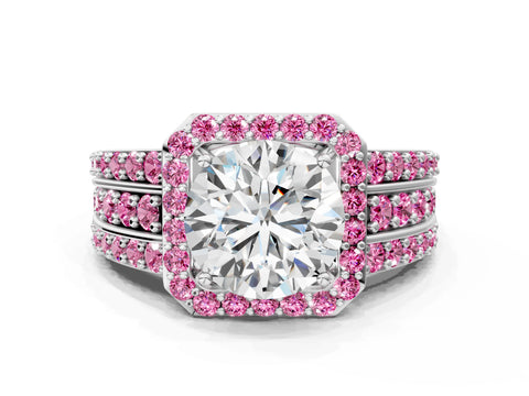 White gold Round Cut Halo Diamond Ring with Round with Pink Sapphire side stone Split Shank and Prong Setting_24