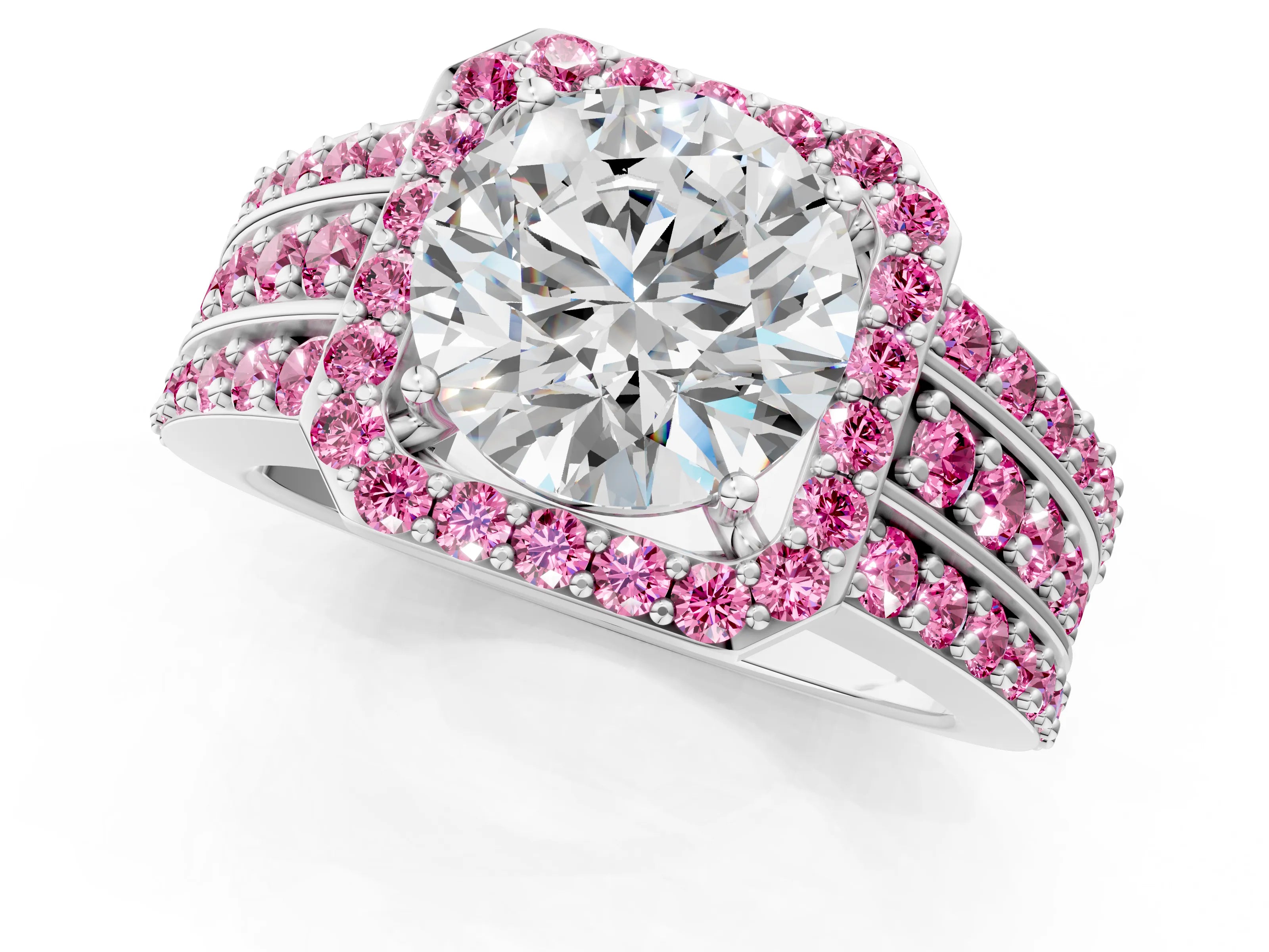 White gold Round Cut Halo Diamond Ring with Round with Pink Sapphire side stone Split Shank and Prong Setting_25