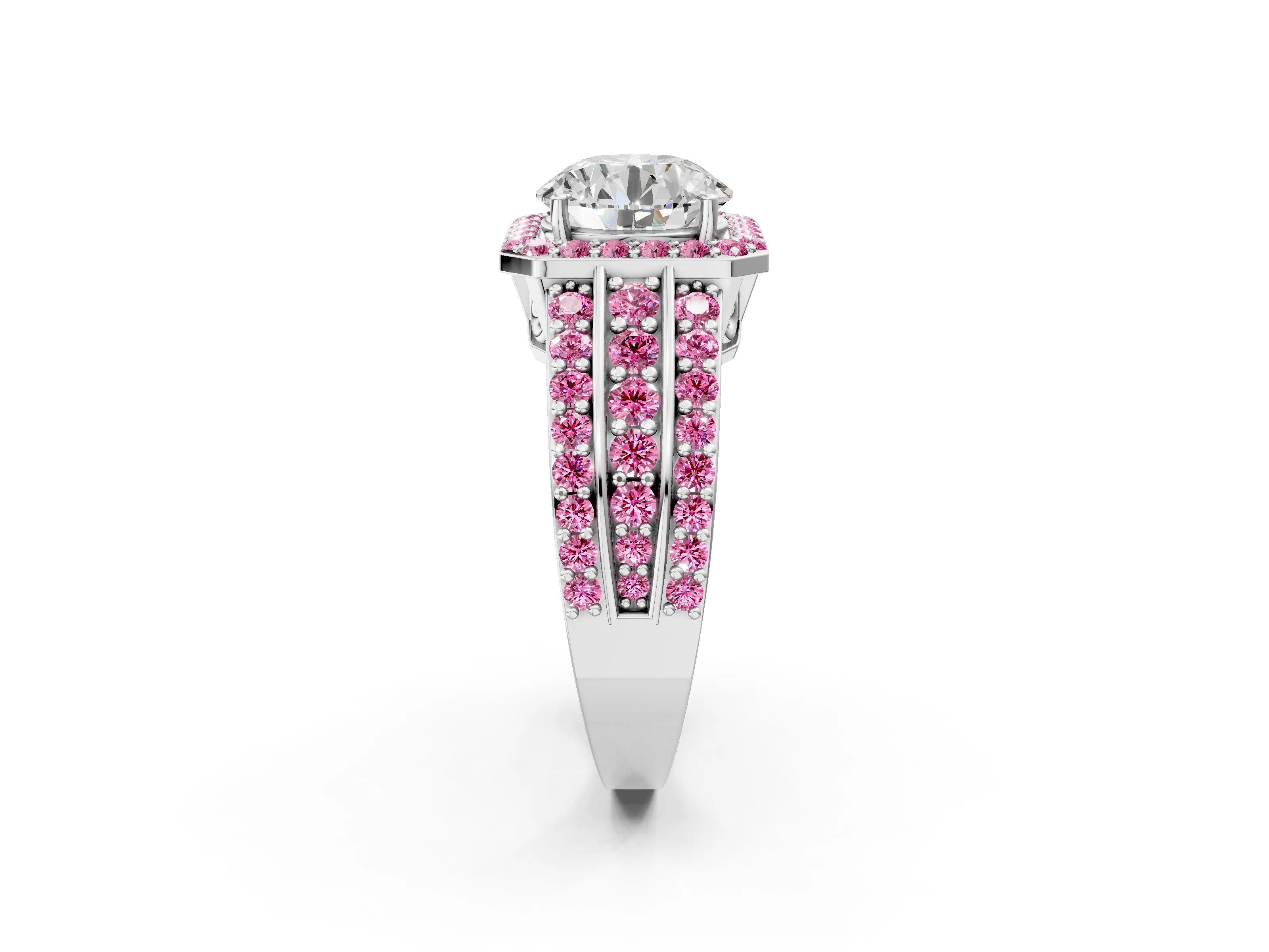White gold Round Cut Halo Diamond Ring with Round with Pink Sapphire side stone Split Shank and Prong Setting_26