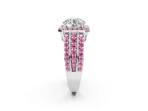 White gold Round Cut Halo Diamond Ring with Round with Pink Sapphire side stone Split Shank and Prong Setting_26