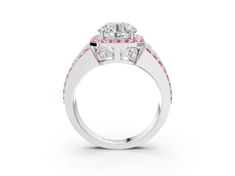 White gold Round Cut Halo Diamond Ring with Round with Pink Sapphire side stone Split Shank and Prong Setting_27