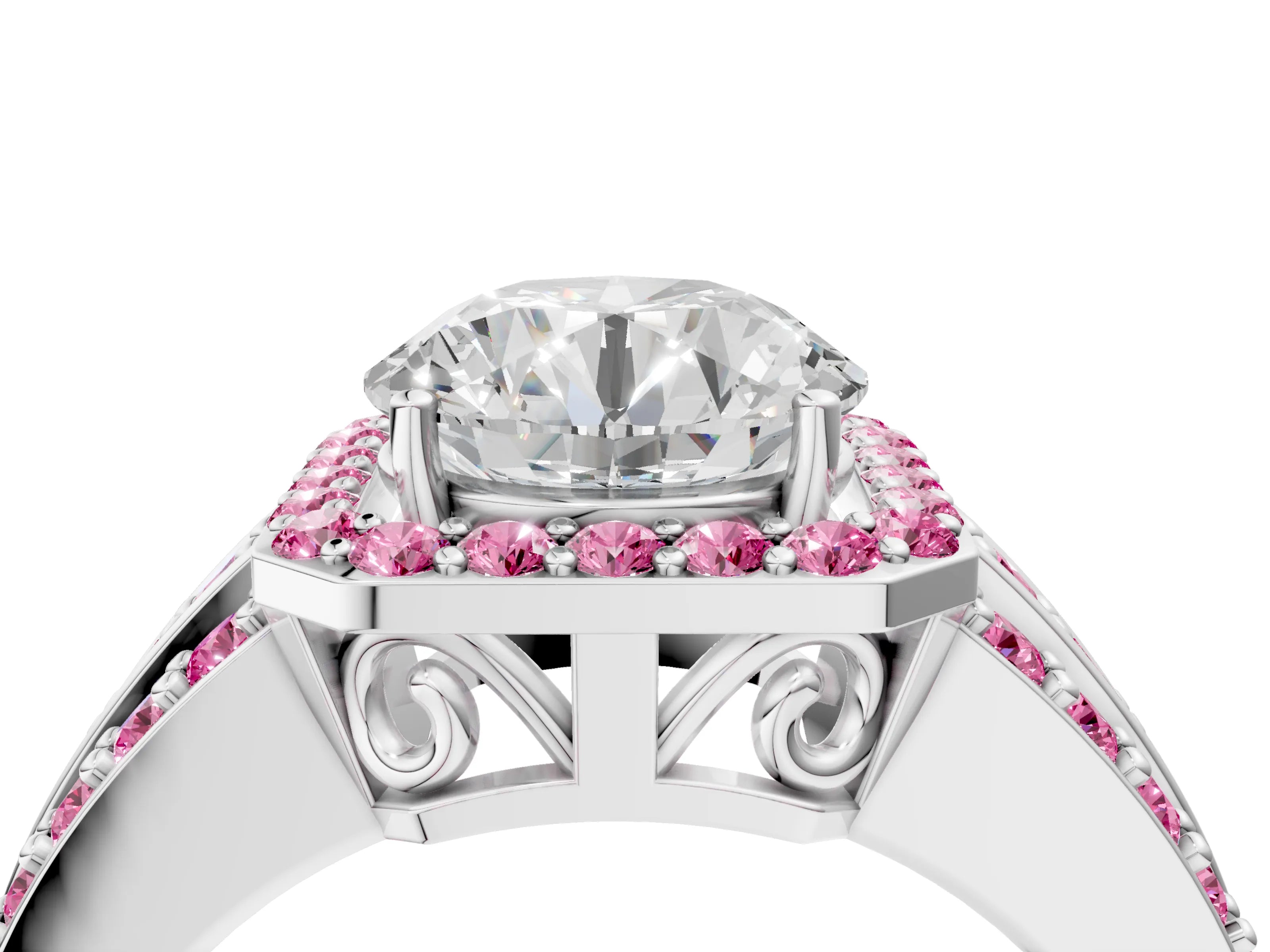 White gold Round Cut Halo Diamond Ring with Round with Pink Sapphire side stone Split Shank and Prong Setting_28