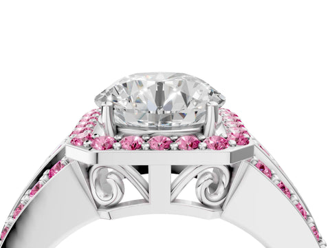White gold Round Cut Halo Diamond Ring with Round with Pink Sapphire side stone Split Shank and Prong Setting_28
