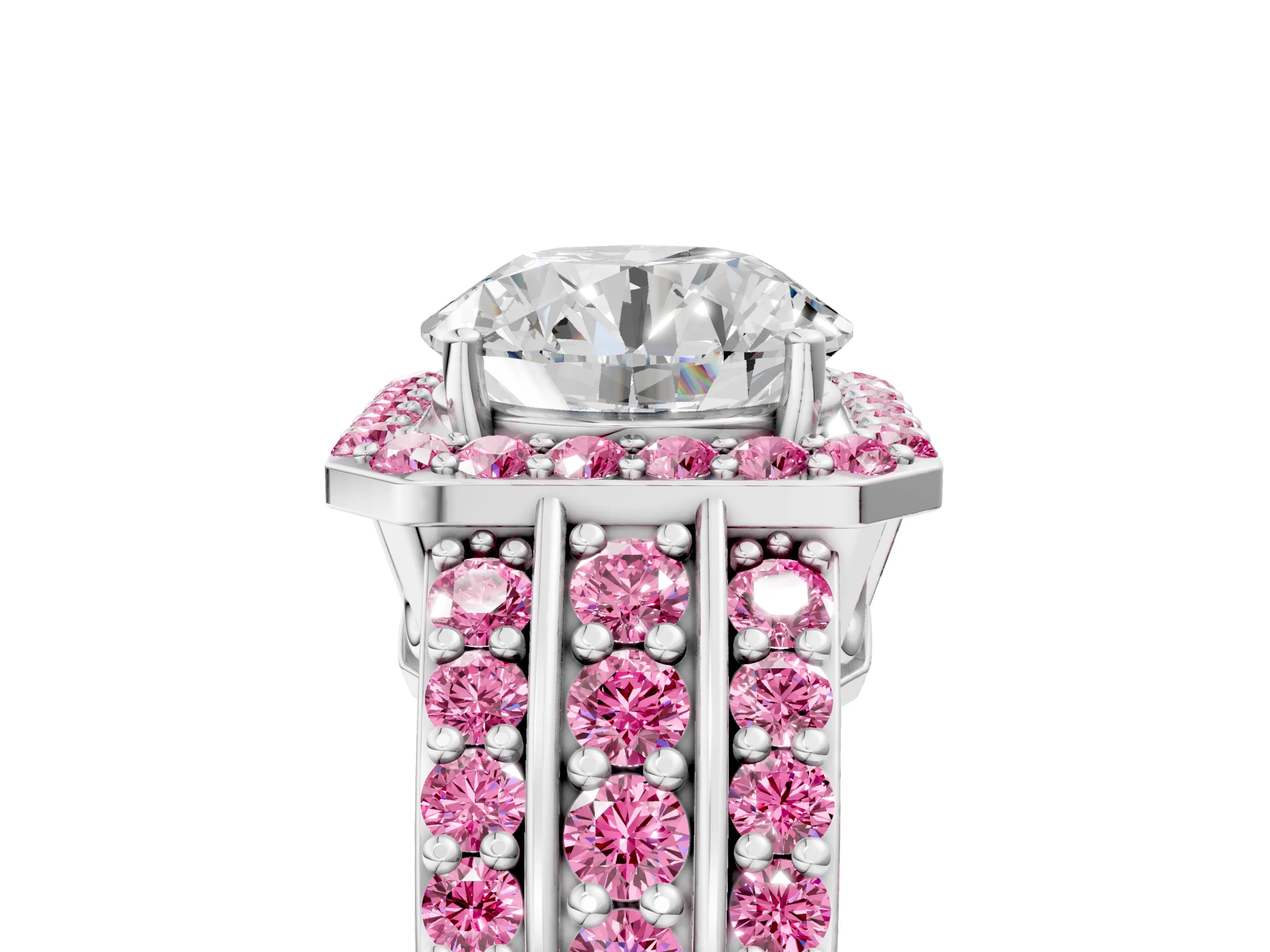 White gold Round Cut Halo Diamond Ring with Round with Pink Sapphire side stone Split Shank and Prong Setting_29