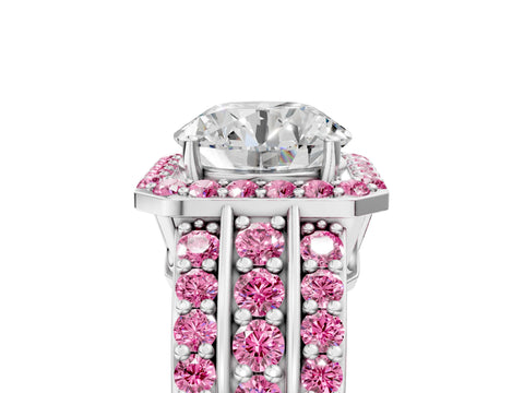 White gold Round Cut Halo Diamond Ring with Round with Pink Sapphire side stone Split Shank and Prong Setting_29