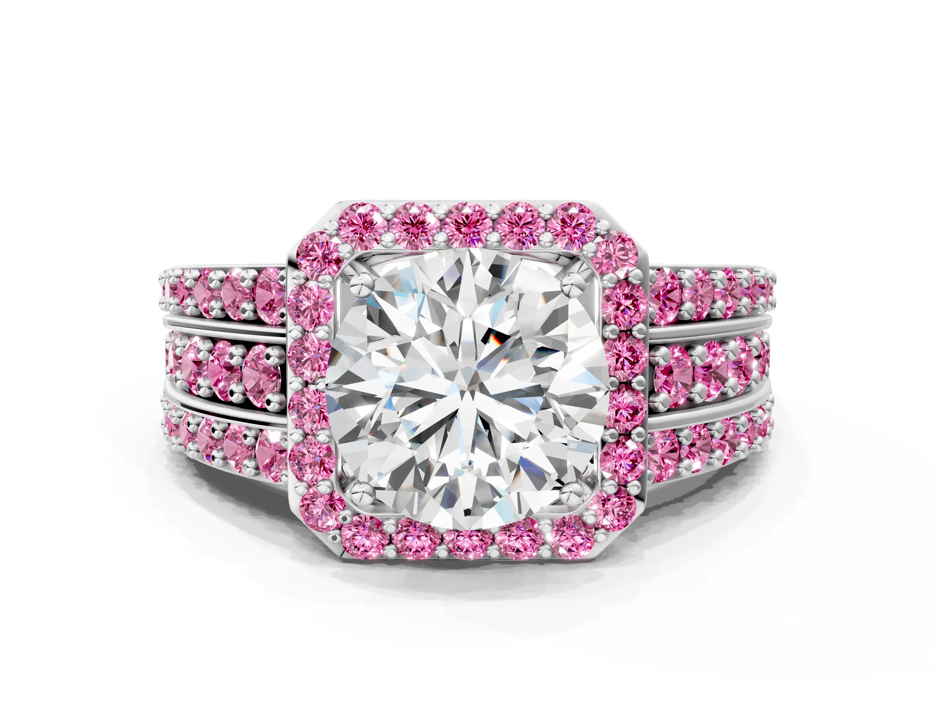 White gold Round Cut Halo Diamond Ring with Round with Pink Sapphire side stone Split Shank and Prong Setting_84