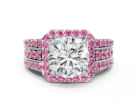 White gold Round Cut Halo Diamond Ring with Round with Pink Sapphire side stone Split Shank and Prong Setting_84