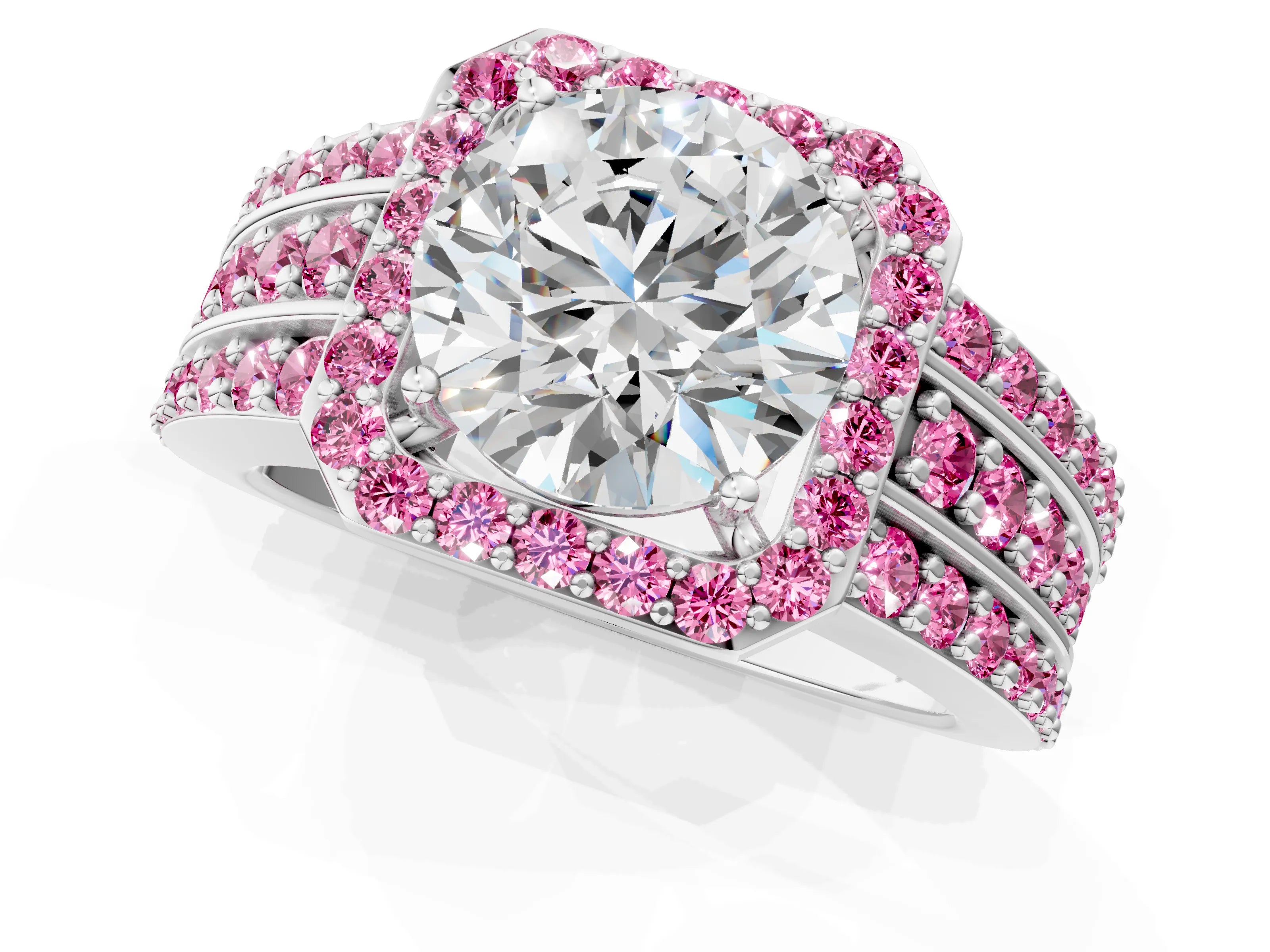 White gold Round Cut Halo Diamond Ring with Round with Pink Sapphire side stone Split Shank and Prong Setting_85