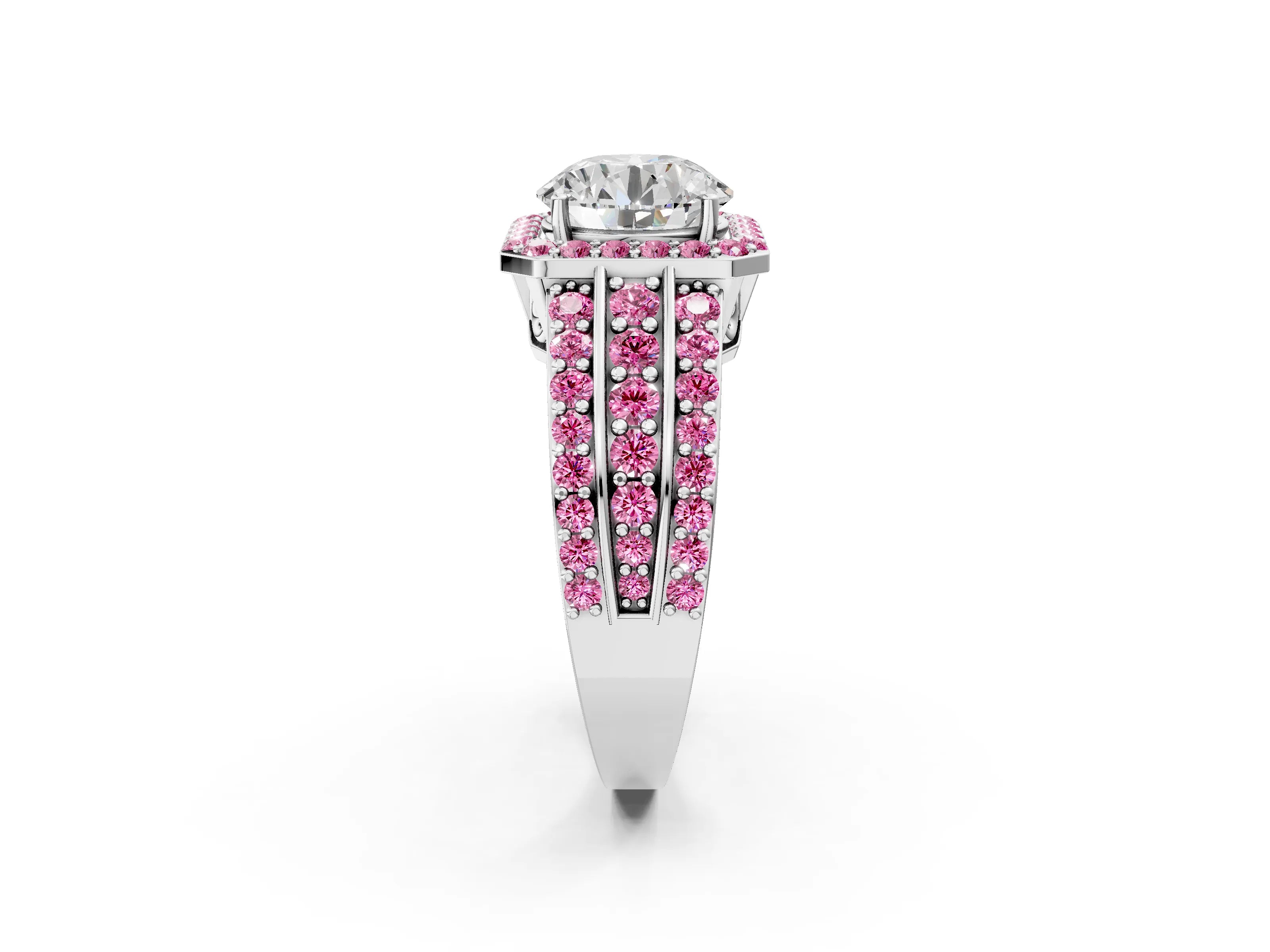 White gold Round Cut Halo Diamond Ring with Round with Pink Sapphire side stone Split Shank and Prong Setting_86