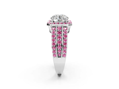 White gold Round Cut Halo Diamond Ring with Round with Pink Sapphire side stone Split Shank and Prong Setting_86