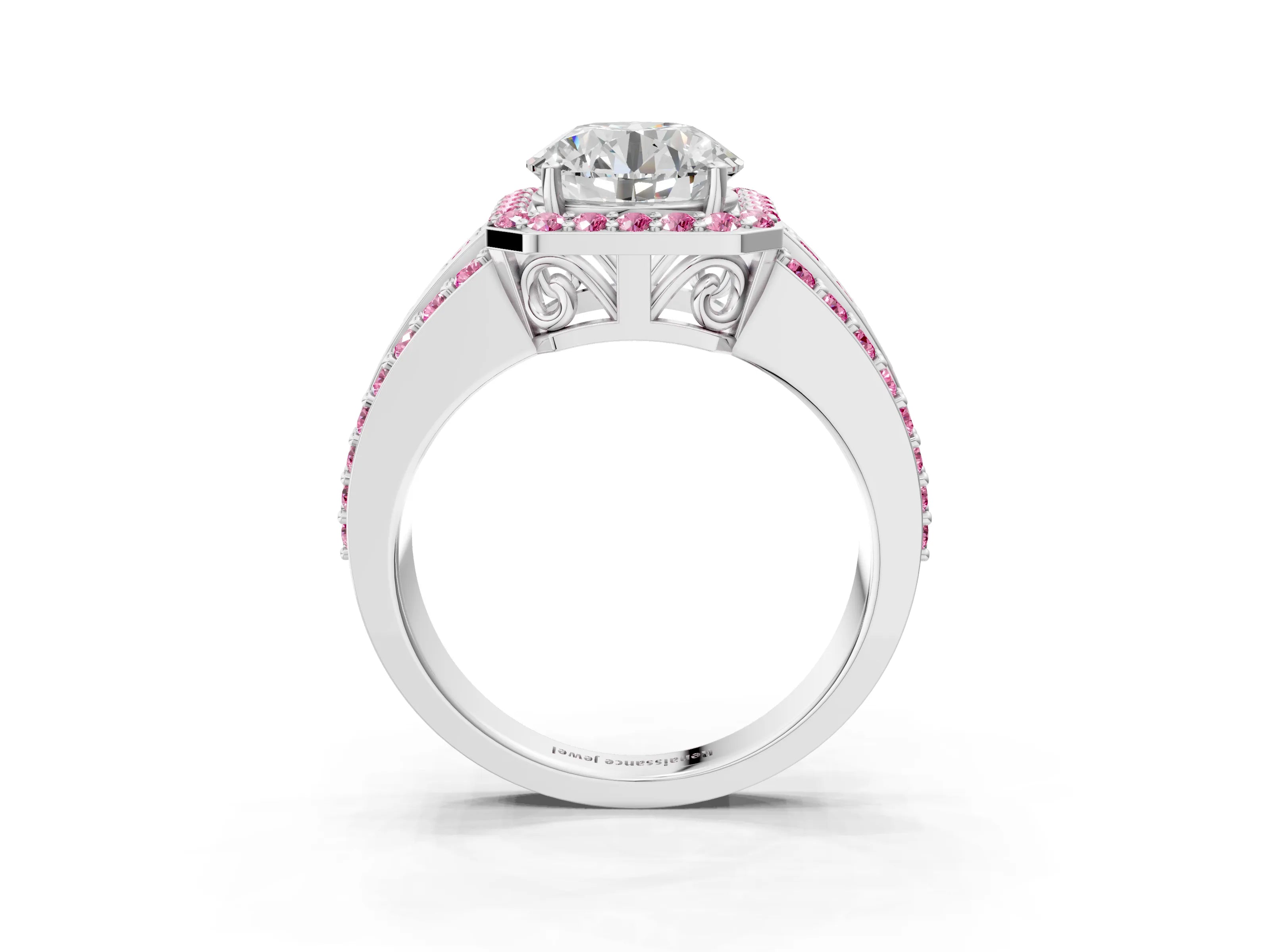 White gold Round Cut Halo Diamond Ring with Round with Pink Sapphire side stone Split Shank and Prong Setting_87