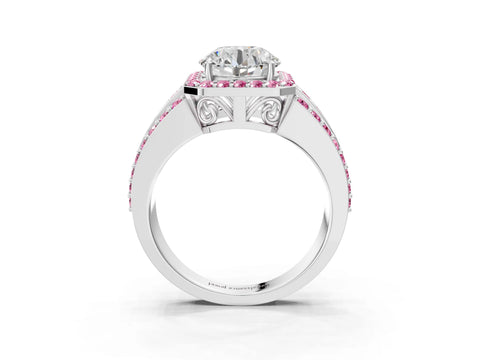 White gold Round Cut Halo Diamond Ring with Round with Pink Sapphire side stone Split Shank and Prong Setting_87