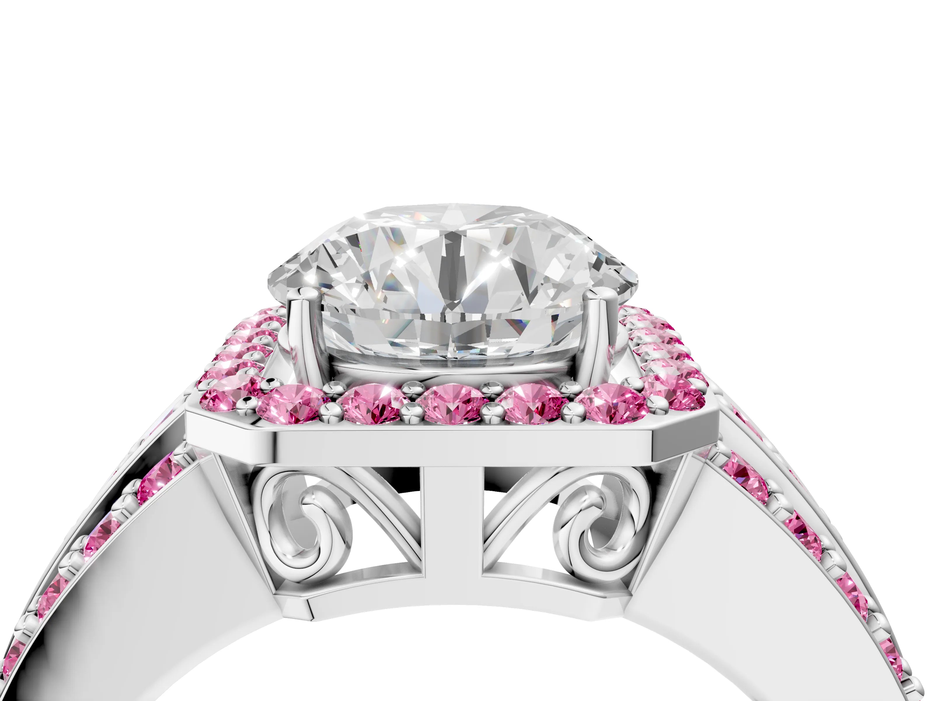 White gold Round Cut Halo Diamond Ring with Round with Pink Sapphire side stone Split Shank and Prong Setting_88