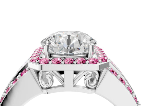 White gold Round Cut Halo Diamond Ring with Round with Pink Sapphire side stone Split Shank and Prong Setting_88
