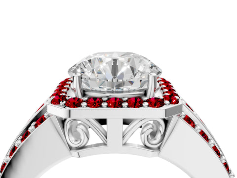 White gold Round Cut Halo Diamond Ring with Round with Ruby side stone Split Shank and Prong Setting_10