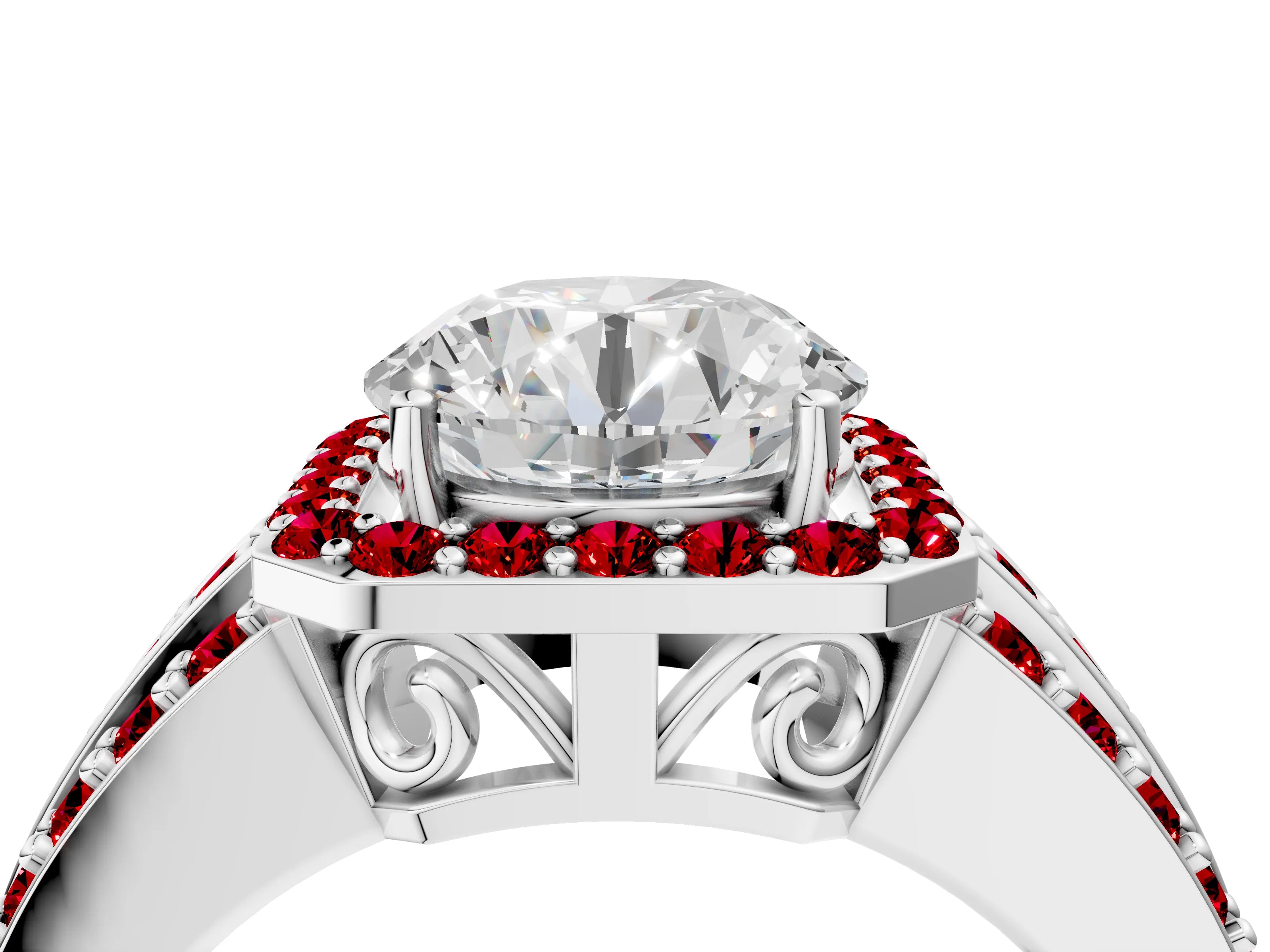 White gold Round Cut Halo Diamond Ring with Round with Ruby side stone Split Shank and Prong Setting_10