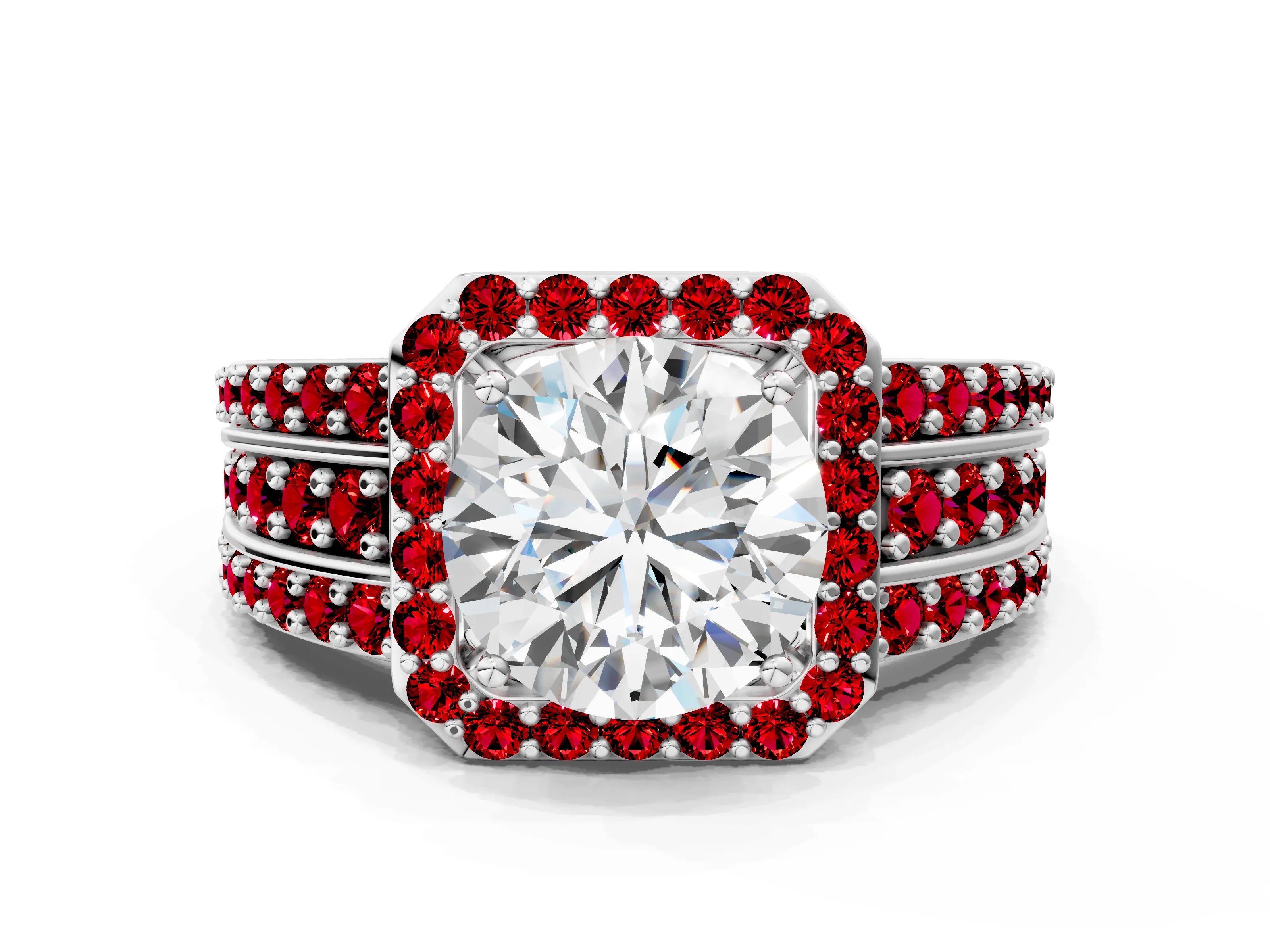 White gold Round Cut Halo Diamond Ring with Round with Ruby side stone Split Shank and Prong Setting_24